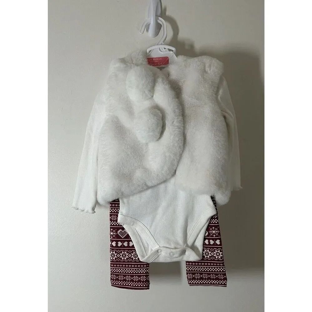 Isaac Mizrahi Baby Girl Winter Fur Jacket Vest Top Pants Set Size 6 Months